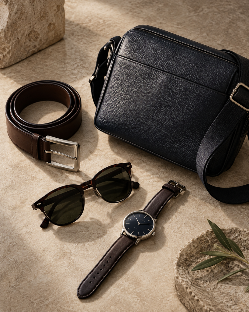 Accesorios masculinos de cuero y reloj